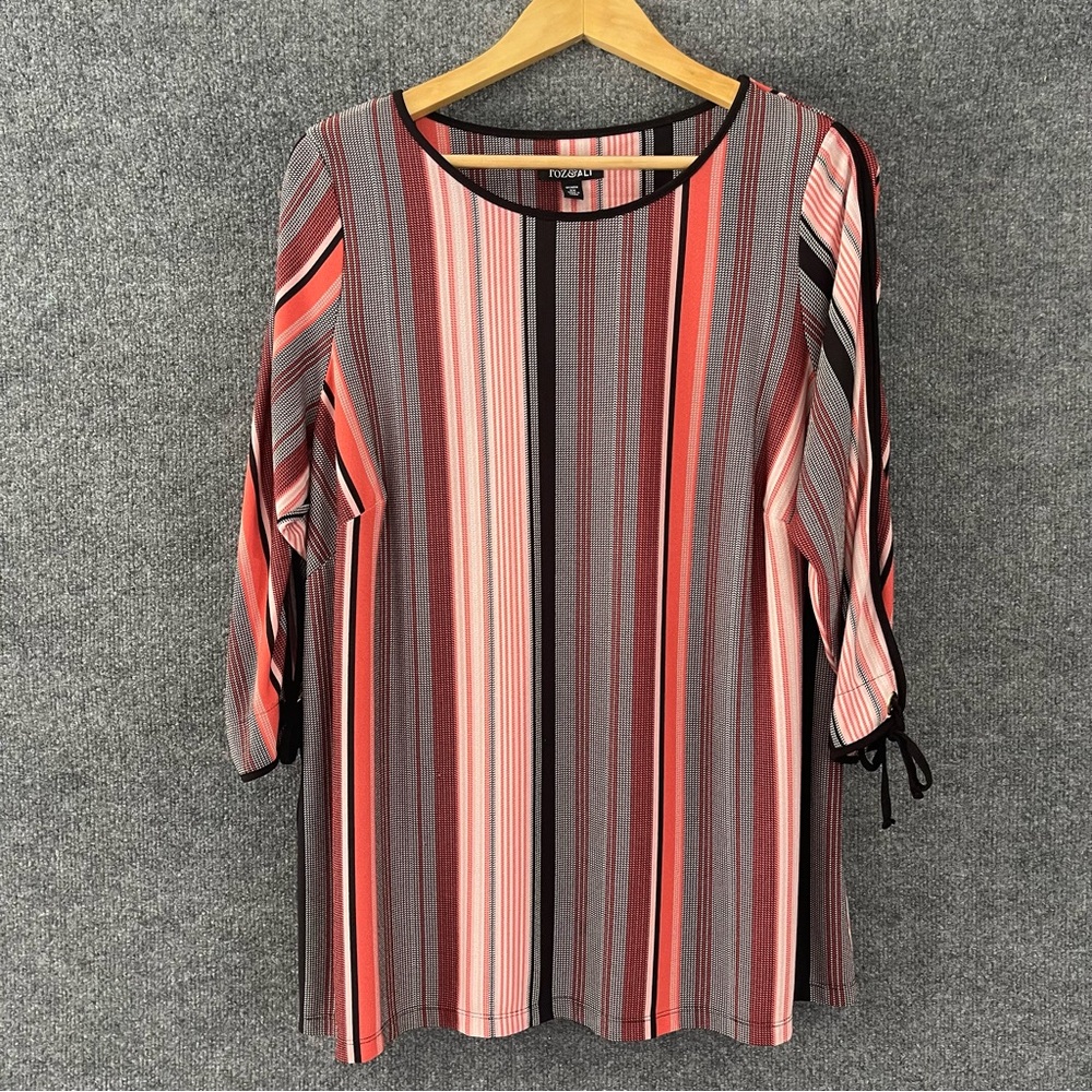 Roz & Ali Womens Striped Open Tie Sleeve Top Size 2X Pink Office Career Artsy